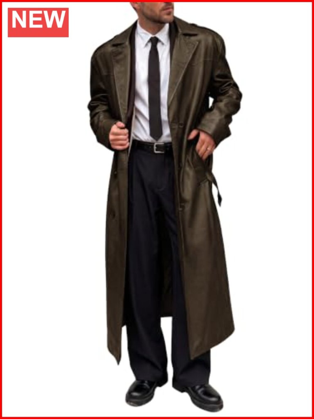 Men's Faux Leather Trench Coat Double Breasted Notch Lapel Long Overcoat